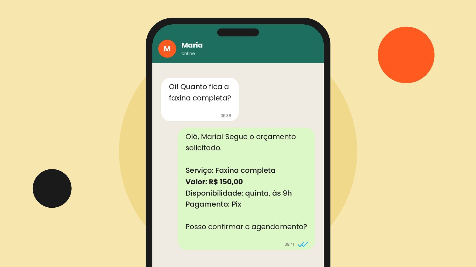 Conversa de mensagens no celular com um orçamento de faxina enviado ao cliente